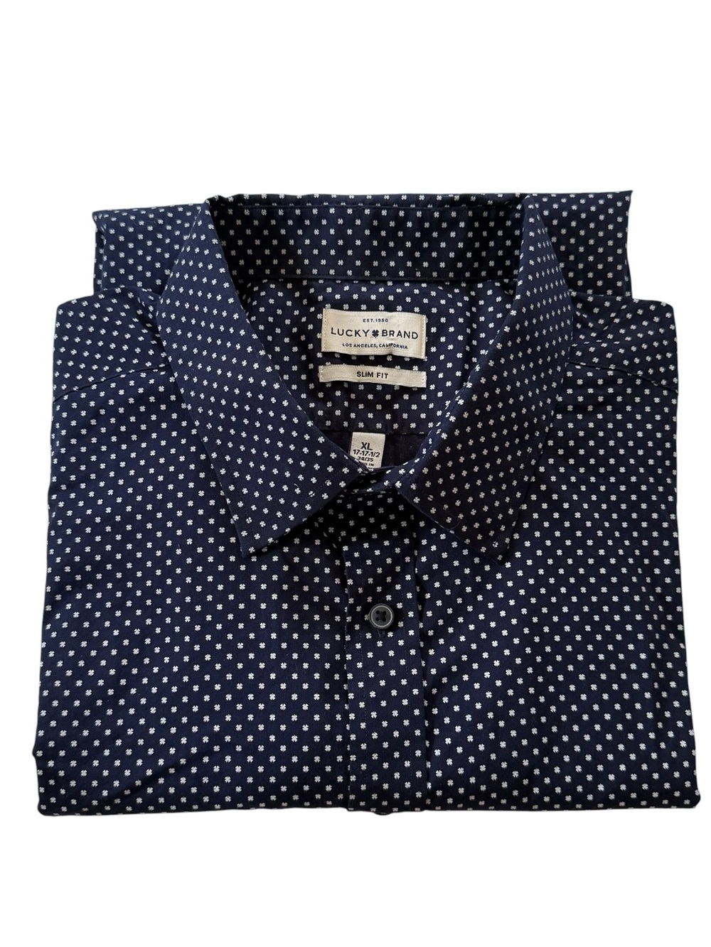 Lucky Brand Slim Fit Navy Blue White Clovers Button Front Shirt Men’s XL Preppy